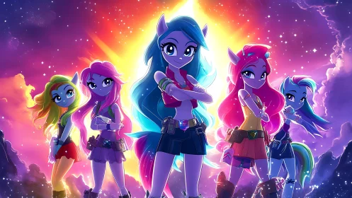 Chromatic pony heroines under cosmic flare illumination.