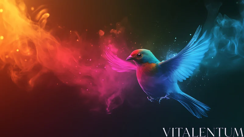 Radiant songbird glides through swirling neon colored smoke