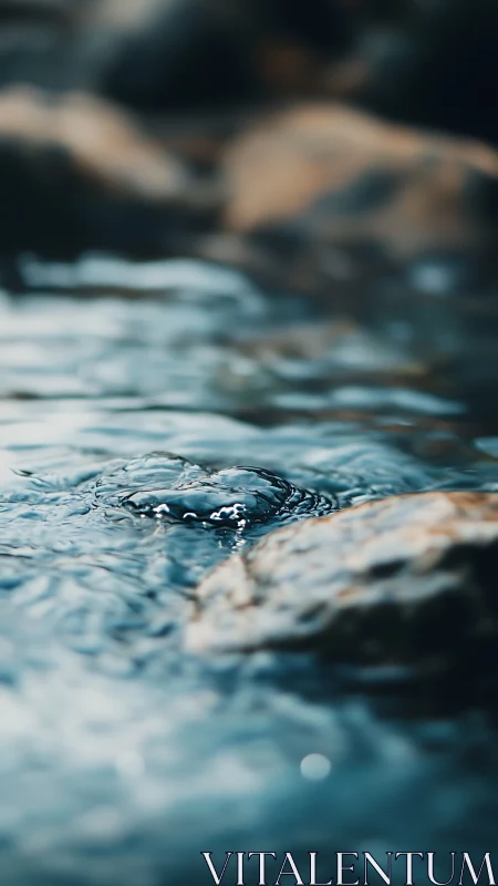Close focus on stream surface tension and nearby rocks.