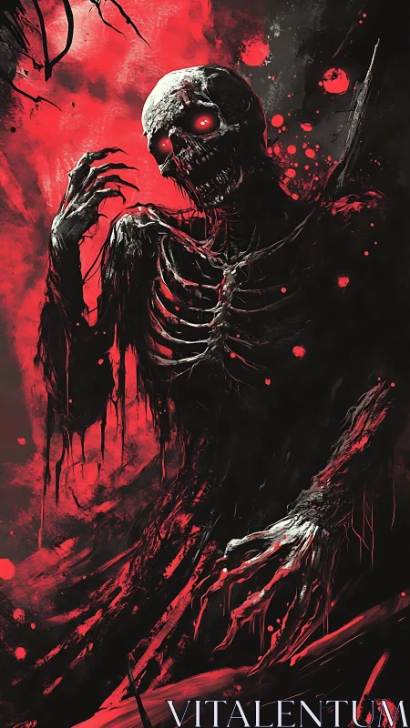 Skeletal humanoid figure with red glowing eyes in dark field.