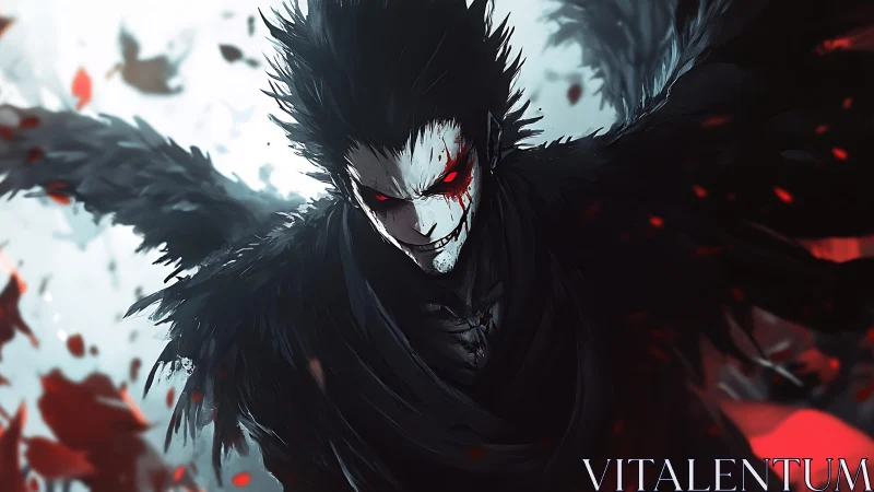 Demonic crow-winged warrior emerges with blazing red eyes.