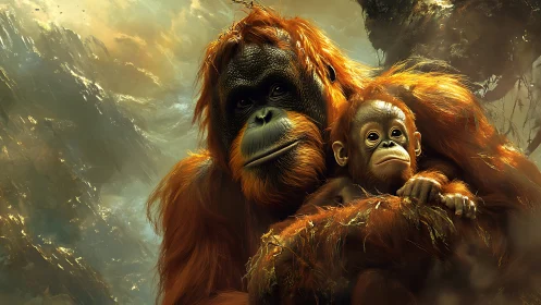 Mother orangutan holding baby in dense forest light.