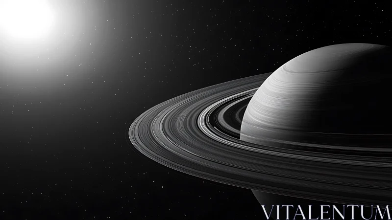 Ringed gas giant drifts in starlit deep space silence.