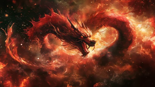 Fiery celestial dragon in swirling nebula composition digital painting.