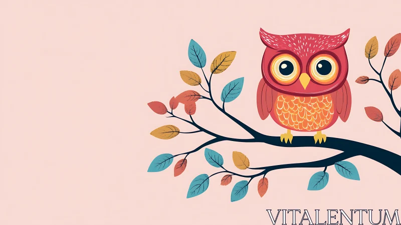 Whimsical cartoon owl on leafy branch, pastel background, playful style.