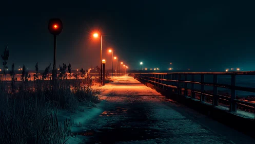 Snow-covered pier walkway is illuminated by linear streetlights