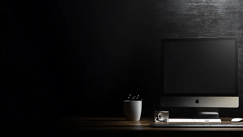 Minimalist workstation with iMac under dramatic low-key lighting.