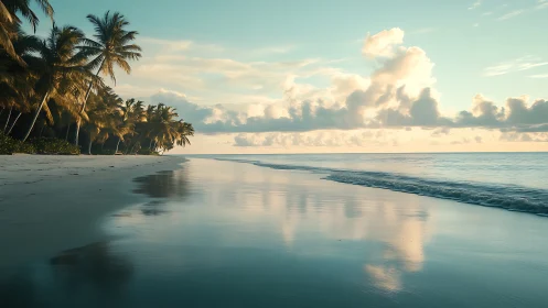 Tropical Beach at Golden Hour with Palm-Lined Shoreline.