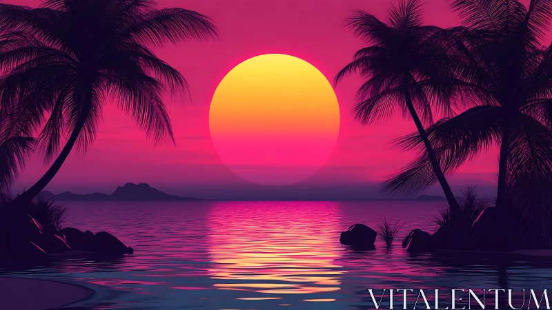 Neon sunset bathes a tranquil tropical shoreline in light