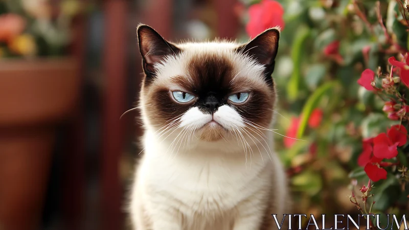 Blue-eyed Siamese cat with color-point coat displays characteristic feline expression in garden sett