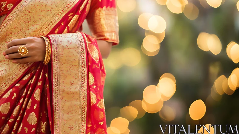 Red silk saree with gold border and festive lighting.