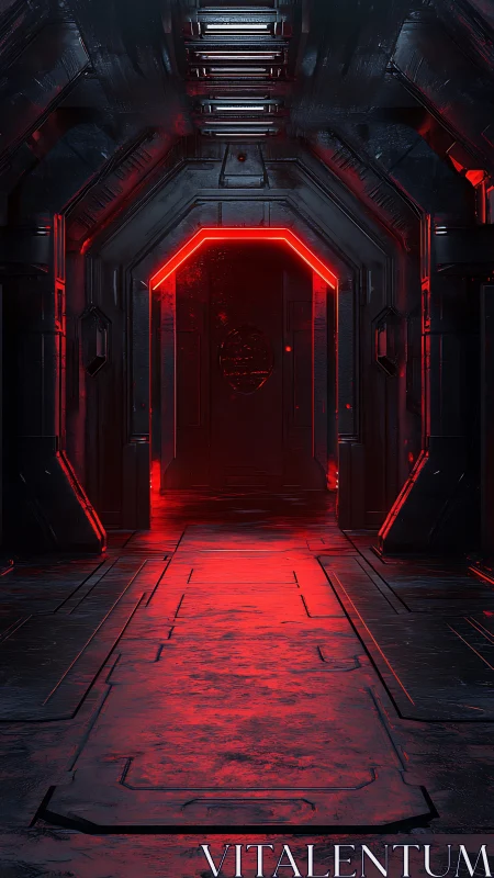 Cyberpunk corridor with red-lit portal and hard-surface panels.