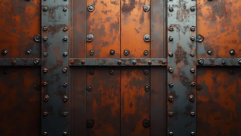 Weathered Rusty Iron Metal Wall With Rivets, Industrial Texture.