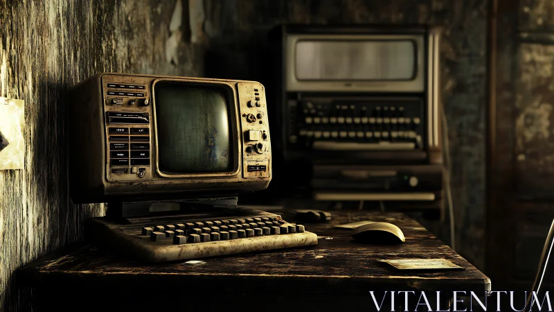 Vintage computer workstation decays inside dim cluttered room