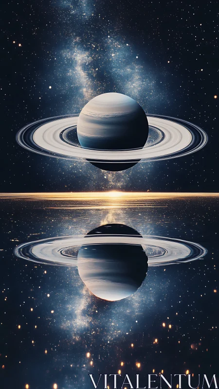 Ringed gas giant mirrored over luminous cosmic horizon