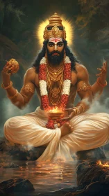 Divine sage meditates above river with fire offering.