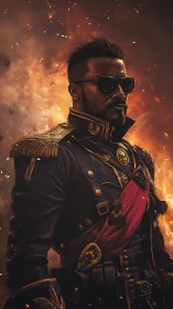 Military commander in dress uniform amid burning embers.