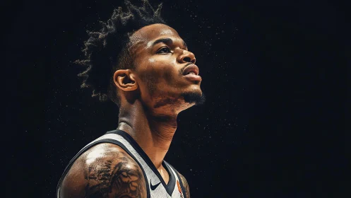 Photorealistic courtside portrait in dramatic spotlight framing.