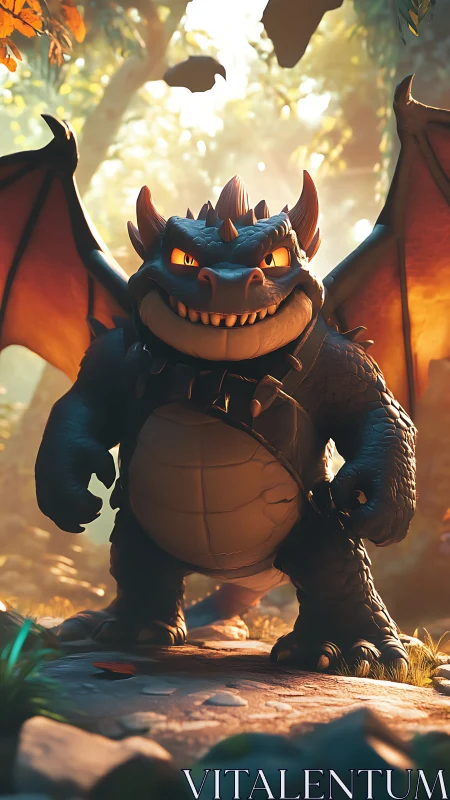 Armored cartoon dragon stands on forest path in sunlight