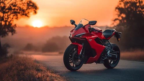 Red sport motorcycle parked on rural road at sunset.