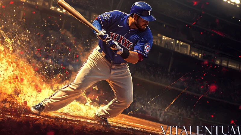 Dynamic baseball batter rendered with fiery motion trails and sparks