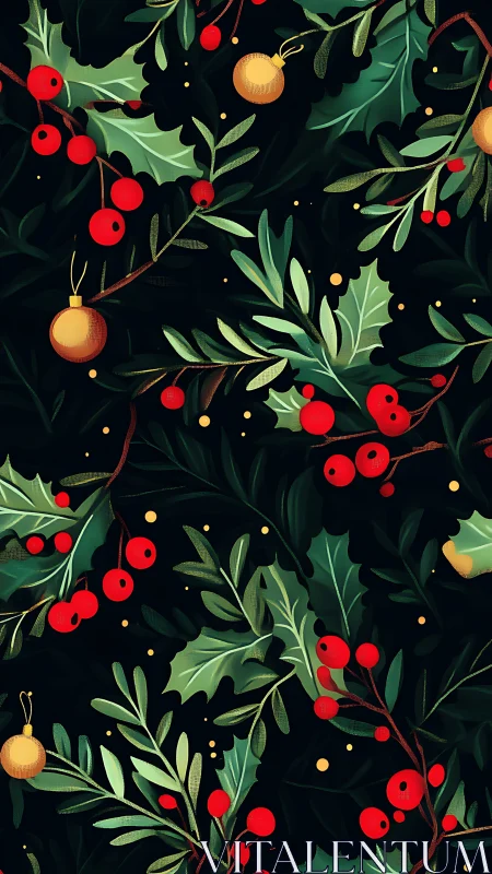 Vector holly foliage and berry lattice with golden baubles.