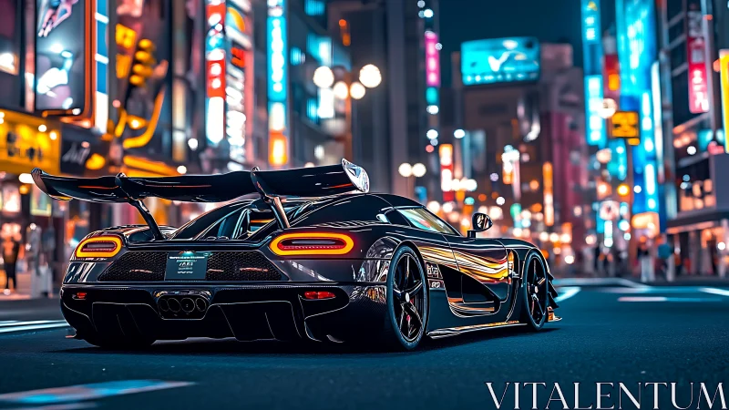 Hypercar prowling neon city streets at midnight.