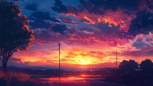 Spectral gradient sunset over rural roadway and power lines.