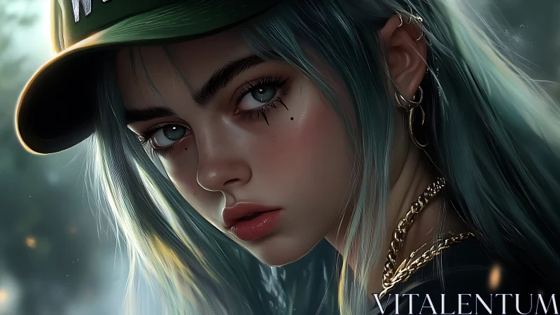 Hyperreal teal haired girl portrait in cap with golden jewelry