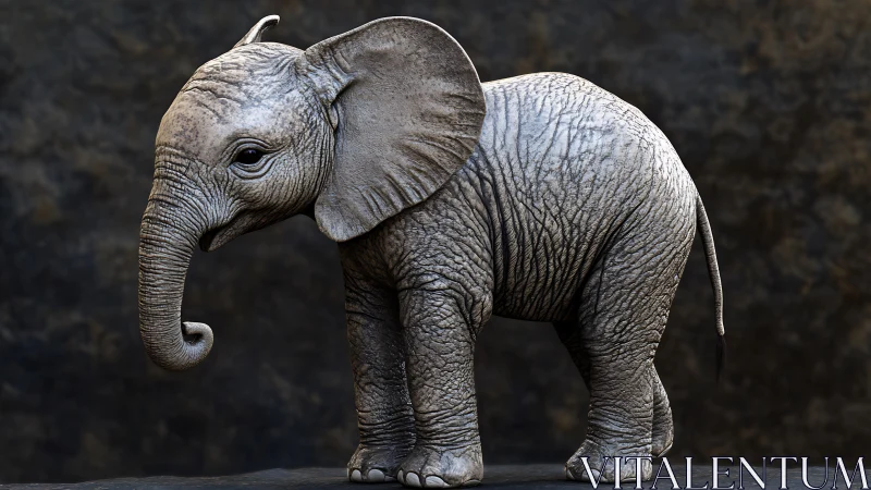 Baby elephant model stands in profile against dark backdrop