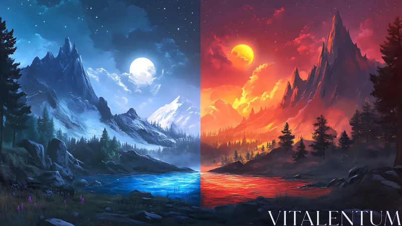 Dual fantasy mountains split between moonlit night and fire sky.