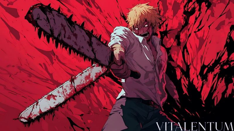Chainsaw-wielding figure in blood-splattered red backdrop.