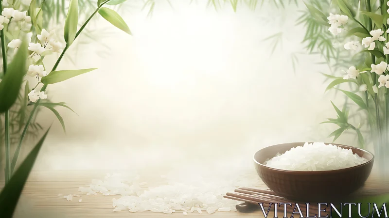 Serene rice bowl still life amid soft bamboo florals.