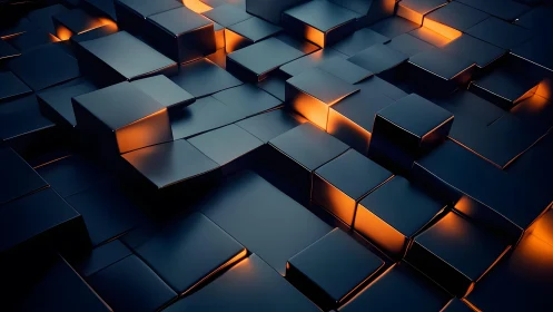 Futuristic 3D Black Cubes with Orange Neon Glow, Abstract Design.
