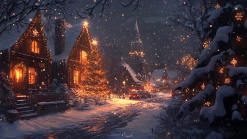 Snowy village street with glowing Christmas lights at night.