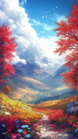 Autumn alpine valley with snow peaks and flowered stone path