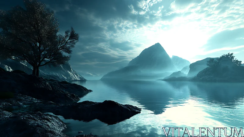 Alpine Lake Mountain Landscape Mist Dawn.