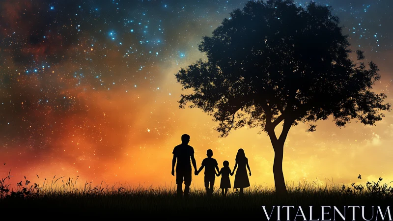 Silhouetted family under cosmic gradient sky composition.
