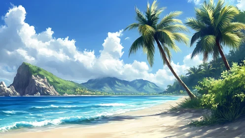 Tropical Paradise Beach with Palm Trees and Mountain.