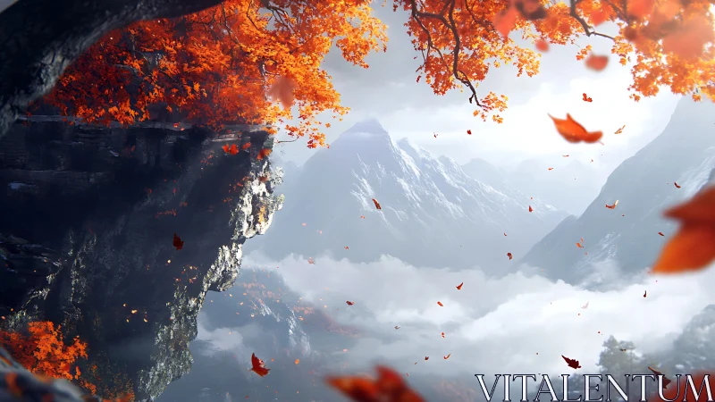 Autumn cliff over misty mountain valley captures luminous contrast