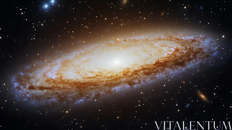 Spiral galaxy in warm starfield with glowing central core.