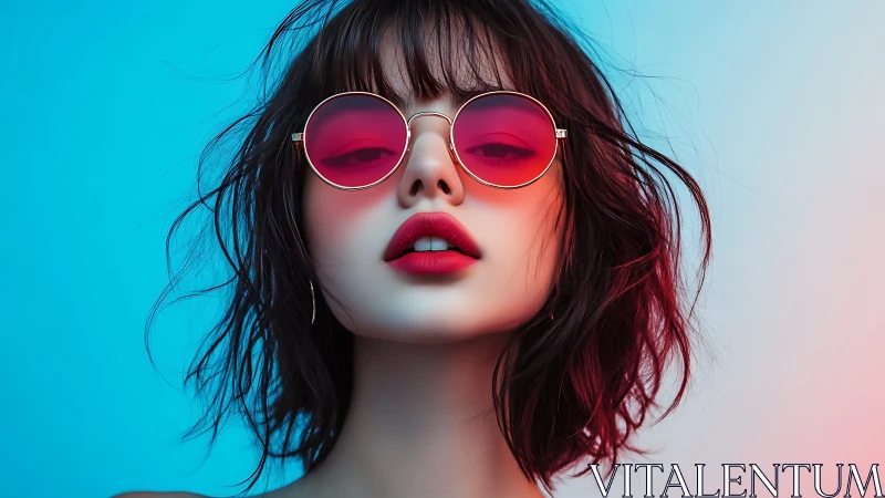 Digital portrait of woman in neon gradient sunglasses closeup.