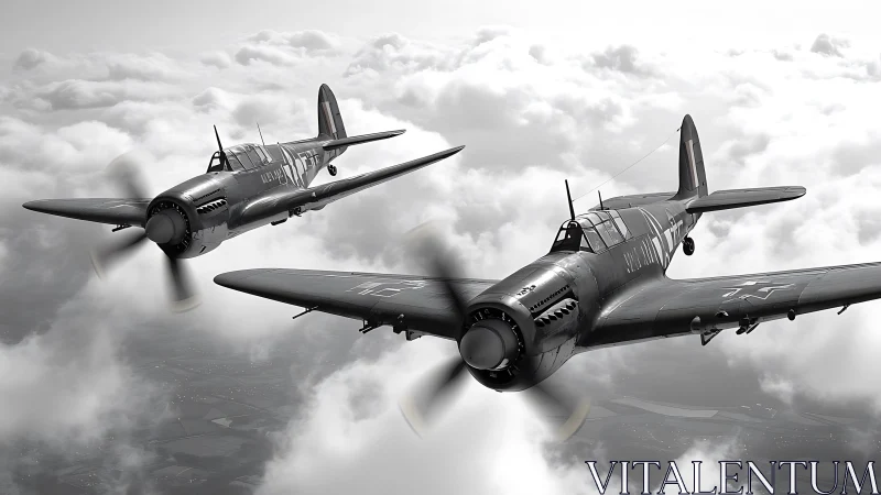 Photorealistic WWII fighter pair in dynamic aerial formation.