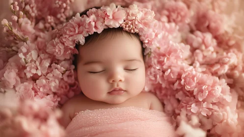 Sleeping Infant Cradled in Pink Floral Arrangement With Botanical Crown.