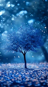 Solitary blue tree with falling petals in defocused light.