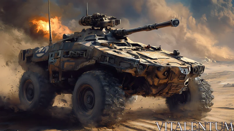Desert battle vehicle roaring through swirling sandstorm.