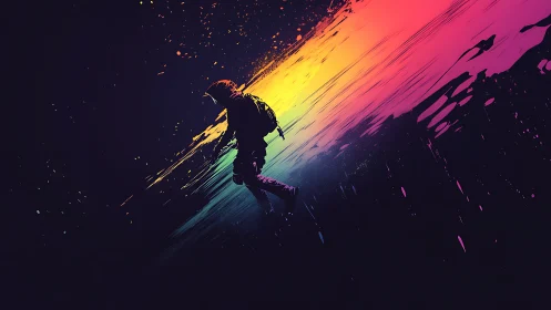 Astronaut drifts through a neon supernova of liquid color.