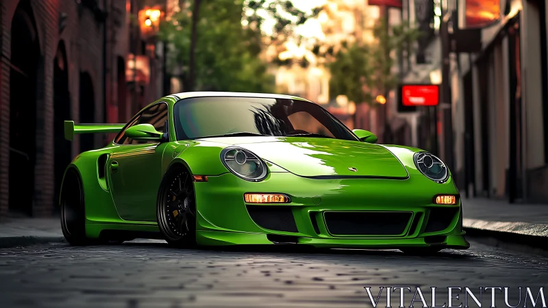 Neon green sports car gleams in a quiet cobblestone street.