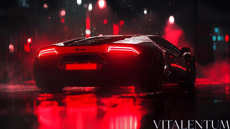 Sleek sports car glowing in red neon rain soaked streets.