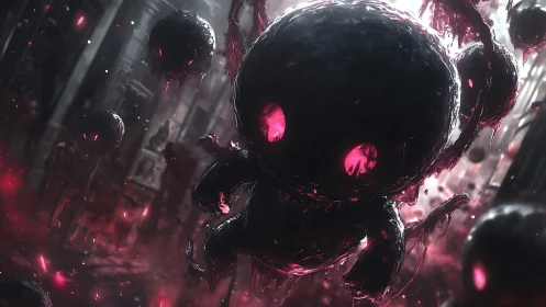 Volumetric pink-glow void sprite swarm in decayed corridor